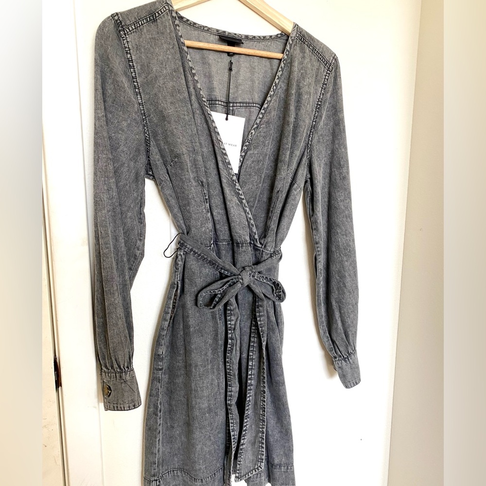 Black Acid Wash Faux Wrap Denim Dress